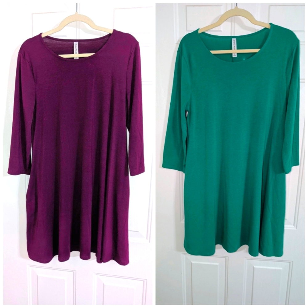 2 Zenana Womens Long Sleeve Tops - Sz L/XL  (Plum-Purple & Green)